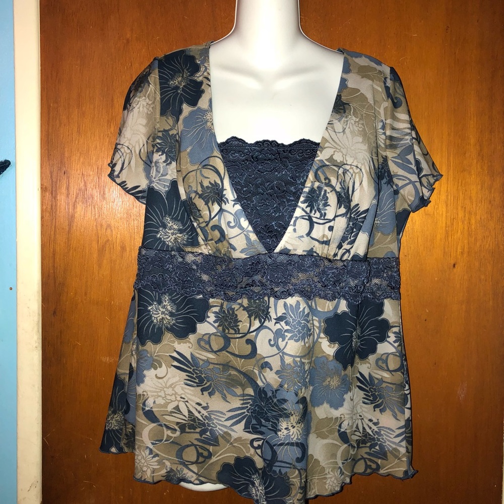 Lane Bryant Venezia Navy Floral Lace Accented Top